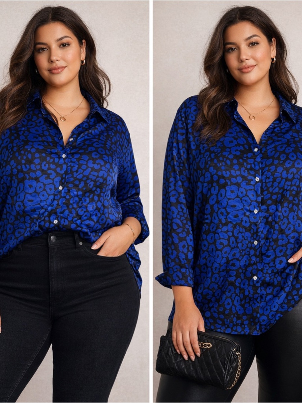 Plus Size Blue Leopard-Print Button-Down Shirt